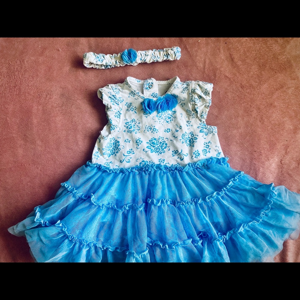 Little Me Blue Floral Print Tulle Skirted Bodysuit